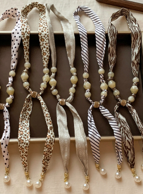 复古波点串珠抽拉式丝巾项链女