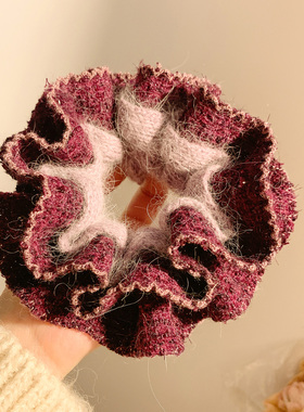 高级感紫色兔毛毛线大肠发圈女慵懒风气质复古头绳发饰扎头丸子头