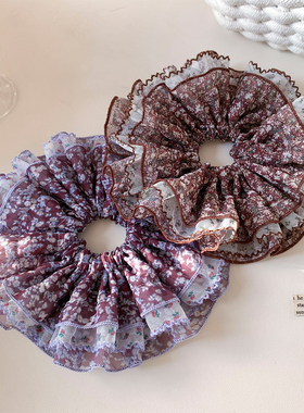 紫色碎花蕾丝网纱大肠发圈女高级感慵懒风超大头绳低马尾气质发饰