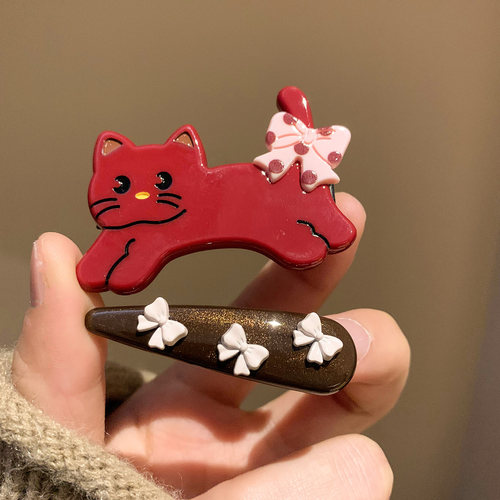 可爱红色小猫蝴蝶结发夹边夹侧边发卡女高级感小众新年头饰刘海夹