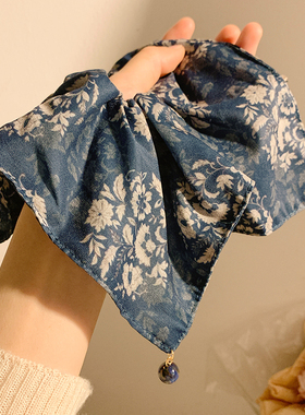 新中式藏青色方巾大肠发圈女高级感方形国风头绳超大发饰低马尾