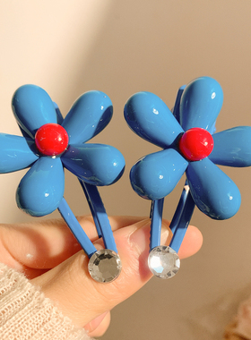 韩国东大门蓝色花朵发夹边夹侧边刘海鸭嘴夹子女高级感发卡头饰