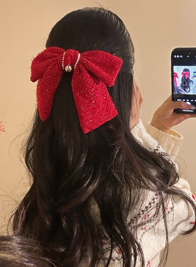 红色蝴蝶结发夹女高级感新年头饰新款韩系后脑勺马尾夹法式时髦