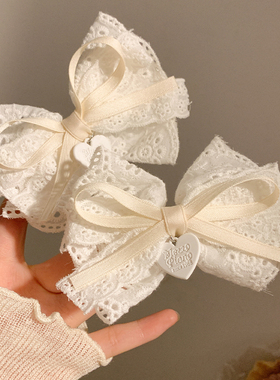 白茶清欢~蕾丝白色蝴蝶结发夹女侧边夹洛丽塔鸭嘴夹发卡夹子头饰