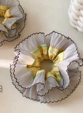 韩系复古条纹黄色网纱双层大肠发圈女高级感丸子头扎头发发饰头绳