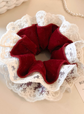 气质红色丝绒蕾丝双层大肠发圈女高级感优雅新年头饰发绳扎头超大