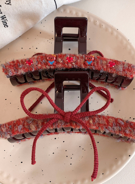 高级感小众红色毛呢Kitty猫抓夹女大号新年圣诞发夹后脑勺鲨鱼夹