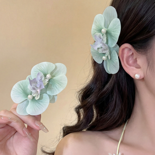超仙薄荷绿蝴蝶兰发夹女侧边珍珠花朵发卡氛围感拍照头饰度假风