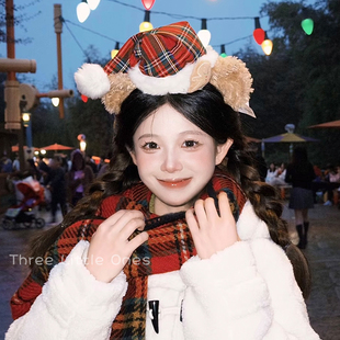 可爱红色圣诞帽子小熊耳朵毛绒发箍女生日高级感拍照头饰洗脸头箍