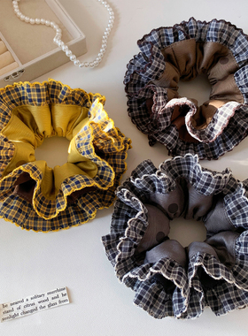 复古黄色波点格子双层大肠发圈女学院风气质韩系头绳发饰扎头发