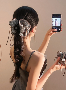 气质绿色花朵抓夹女高级感后脑勺鲨鱼夹子发夹半扎发时尚百搭头饰