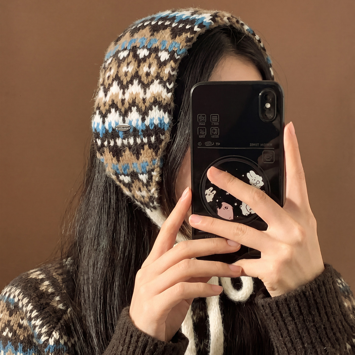 复古咖色针织毛线护耳保暖耳罩女冬季费尔岛风防寒系带耳包氛围感