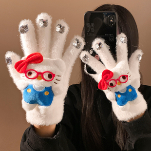 可爱卡通白色水钻Kitty五指手套女冬季 保暖毛绒防风防寒骑行触屏