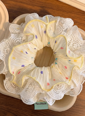 韩系黄色波点蕾丝大肠发圈女高级感丸子头发饰百搭新款头绳扎头发