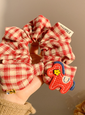 红色格子蝴蝶结马年大肠发圈女复古小众头绳新年发饰扎头发新款