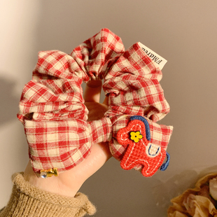 红色格子蝴蝶结马年大肠发圈女复古小众头绳新年发饰扎头发新款