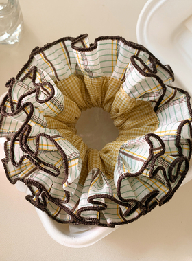 韩系复古黄色条纹花边大肠发圈女高级感重工发绳头饰扎头发丸子头