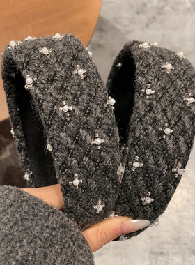 气质重工灰色毛线珍珠宽边发箍女高级感韩系发卡洗脸日常外戴头箍