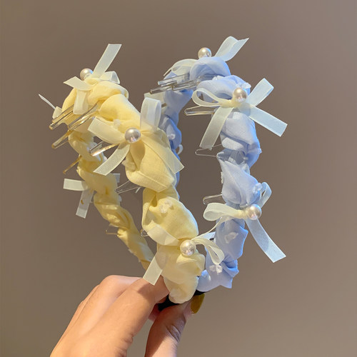 韩系蓝色珍珠蝴蝶结带齿发箍女