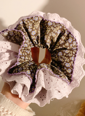 紫色碎花蕾丝大肠发圈女高级感复古小众百搭头饰慵懒风丸子头发绳