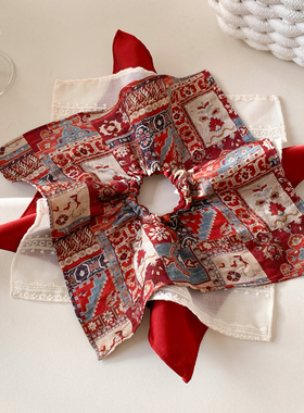 新中式红色复古印花方巾大肠发圈女高级感不规则方形超大发绳头饰