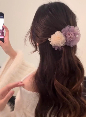 韩系温柔紫色网纱花朵香蕉扭扭夹女高级感气质发夹后脑勺盘发竖夹