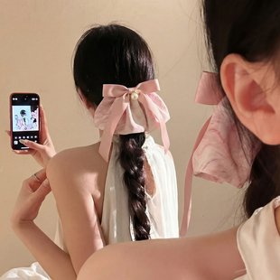 甜美韩系粉色缎面裙摆发夹女高级感后脑勺盘发弹簧夹慵懒风头饰