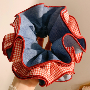 复古红色格子牛仔大肠发圈女高级感韩系气质百搭头绳丸子头发饰