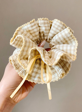 韩系黄色格子蝴蝶结小蛮腰大肠发圈女双层丸子头发绳扎头发头饰