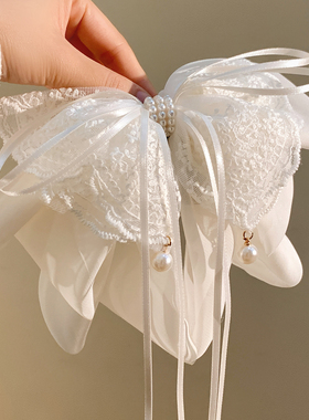 温柔白色蕾丝蝴蝶结珍珠马尾抓夹女高级感法式夹子头饰后脑勺发夹