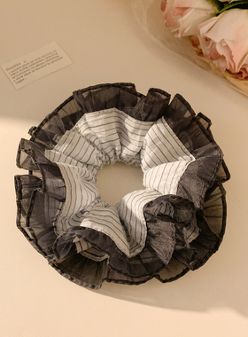 百搭灰色条纹花边大肠发圈女高级感双层韩系头绳慵懒风发饰扎头发