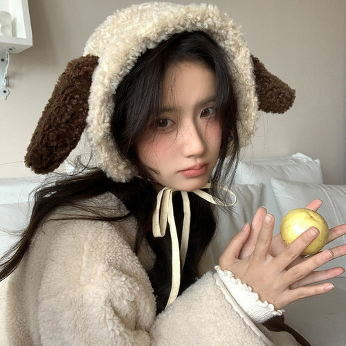 可爱小狗耳朵米色毛绒耳罩女冬季