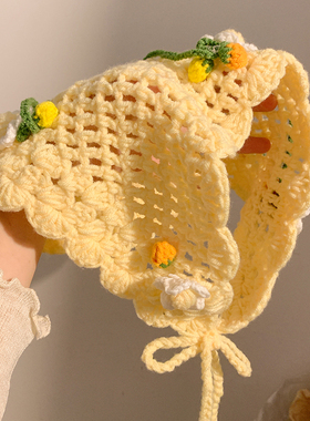 Cheese泡芙~黄色花朵镂空针织三角头巾手工毛线可爱海边田园风夏