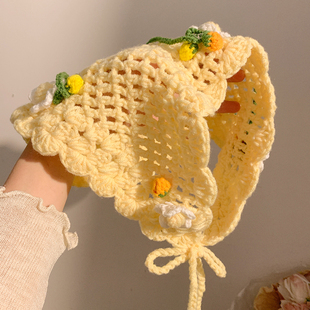 Cheese泡芙 黄色花朵镂空针织三角头巾手工毛线可爱海边田园风夏
