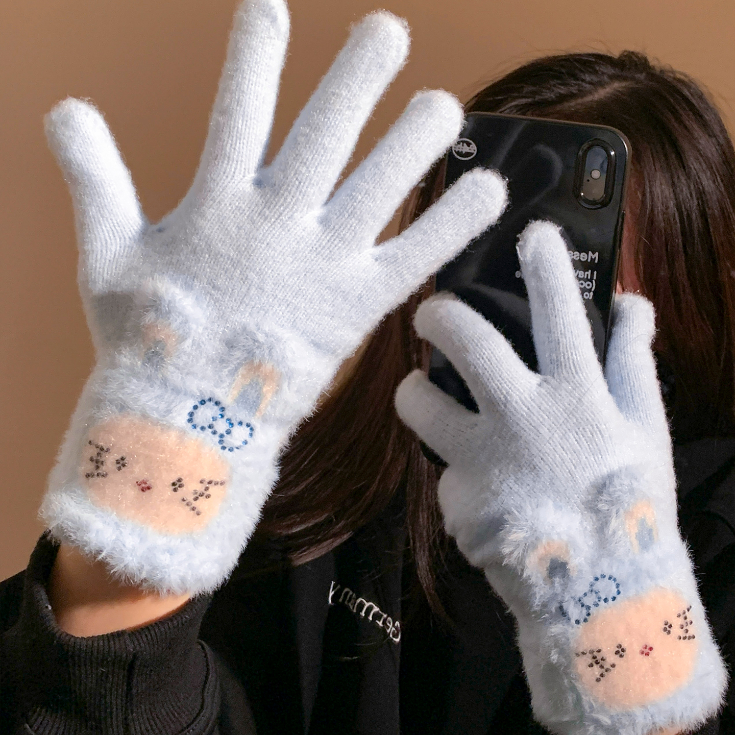 蓝色毛茸茸kitty小兔子五指毛线手套女冬季保暖防寒可爱毛绒骑行