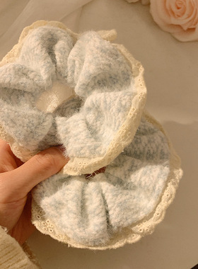 奶蓝色毛绒蕾丝大肠发圈女森系仙美高级感大号毛茸茸发绳头绳发饰