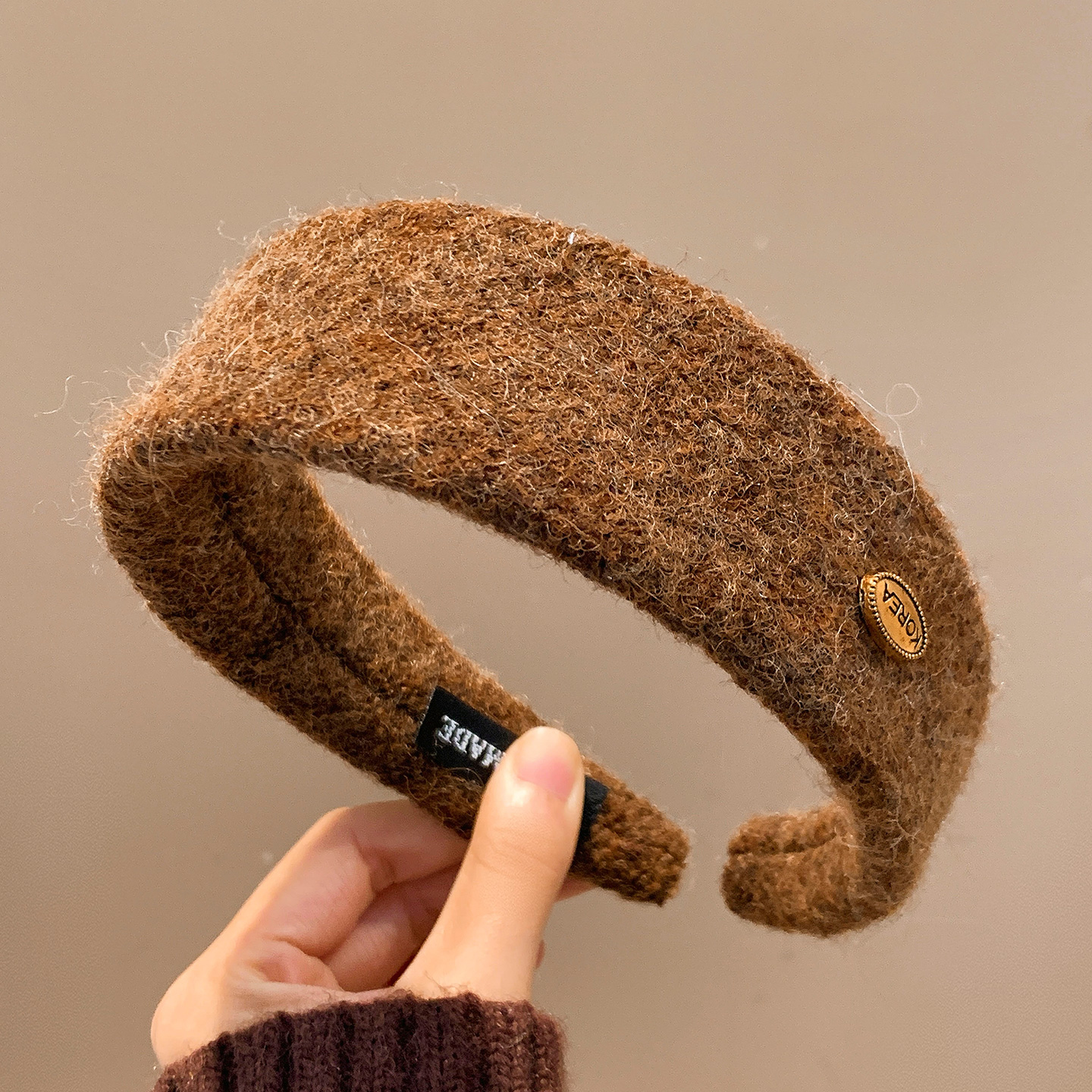 复古咖色毛呢秋冬宽边发箍