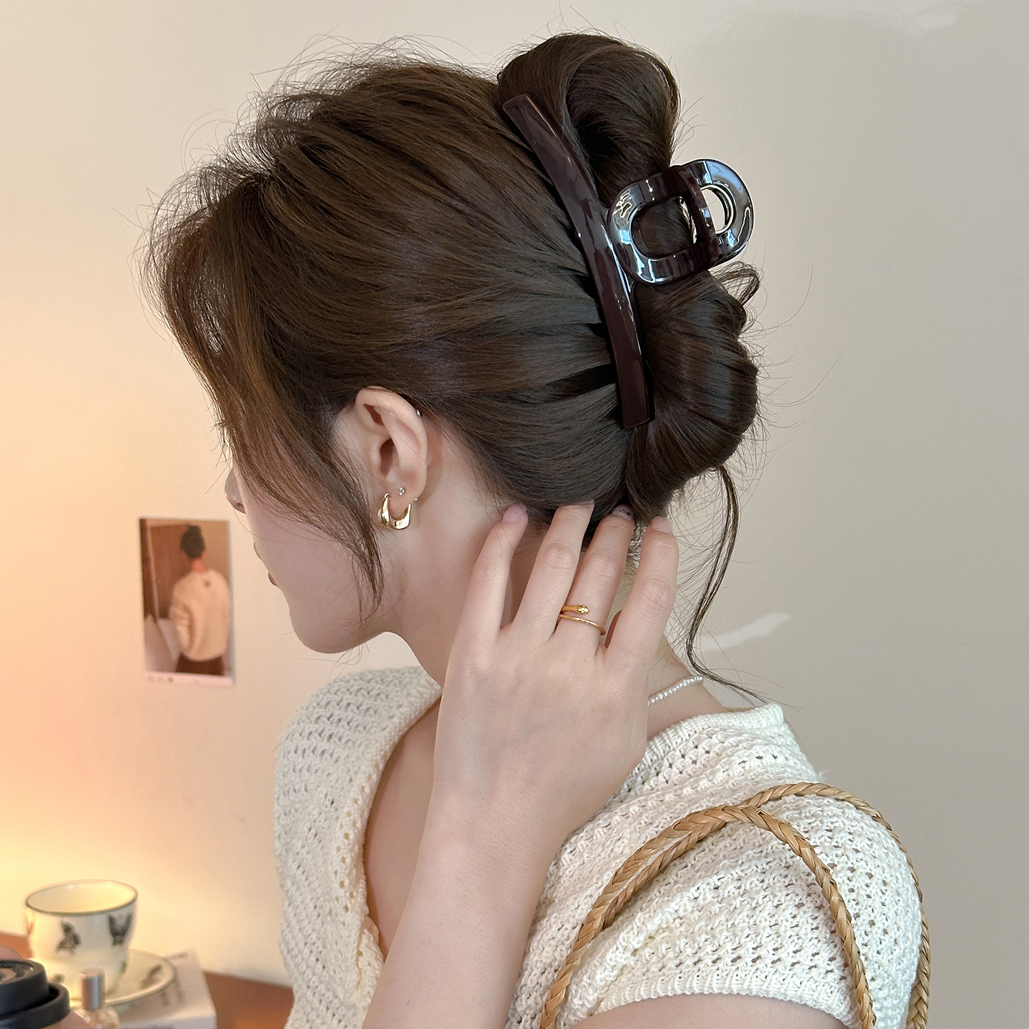 咖色盘发抓夹女大号发夹高级感