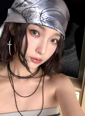 甜酷风~银灰色Kitty包头头巾女个性复古y2k千禧风抹胸新款大方巾