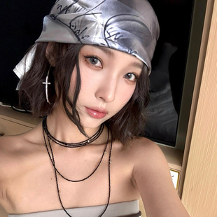 甜酷风~银灰色Kitty包头头巾女个性复古y2k千禧风抹胸新款大方巾