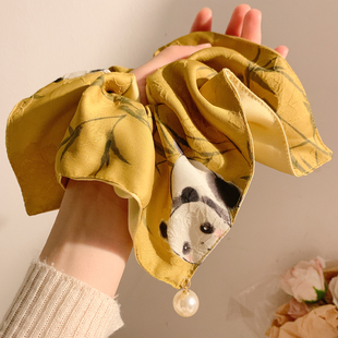 新中式 熊猫竹子珍珠金色方巾大肠发圈女高级感超大号方形头饰发绳