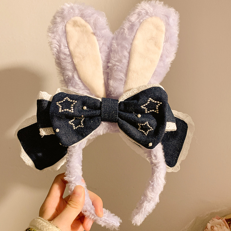 紫色牛仔蝴蝶结兔耳朵毛绒发箍