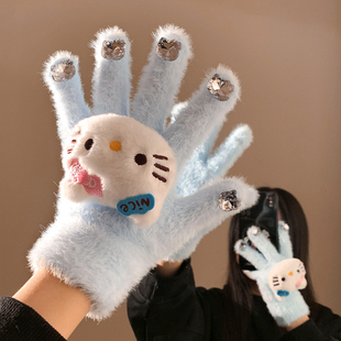 甜美卡通蓝色Kitty带钻手套女冬季毛绒保暖防风防寒骑行触屏百搭