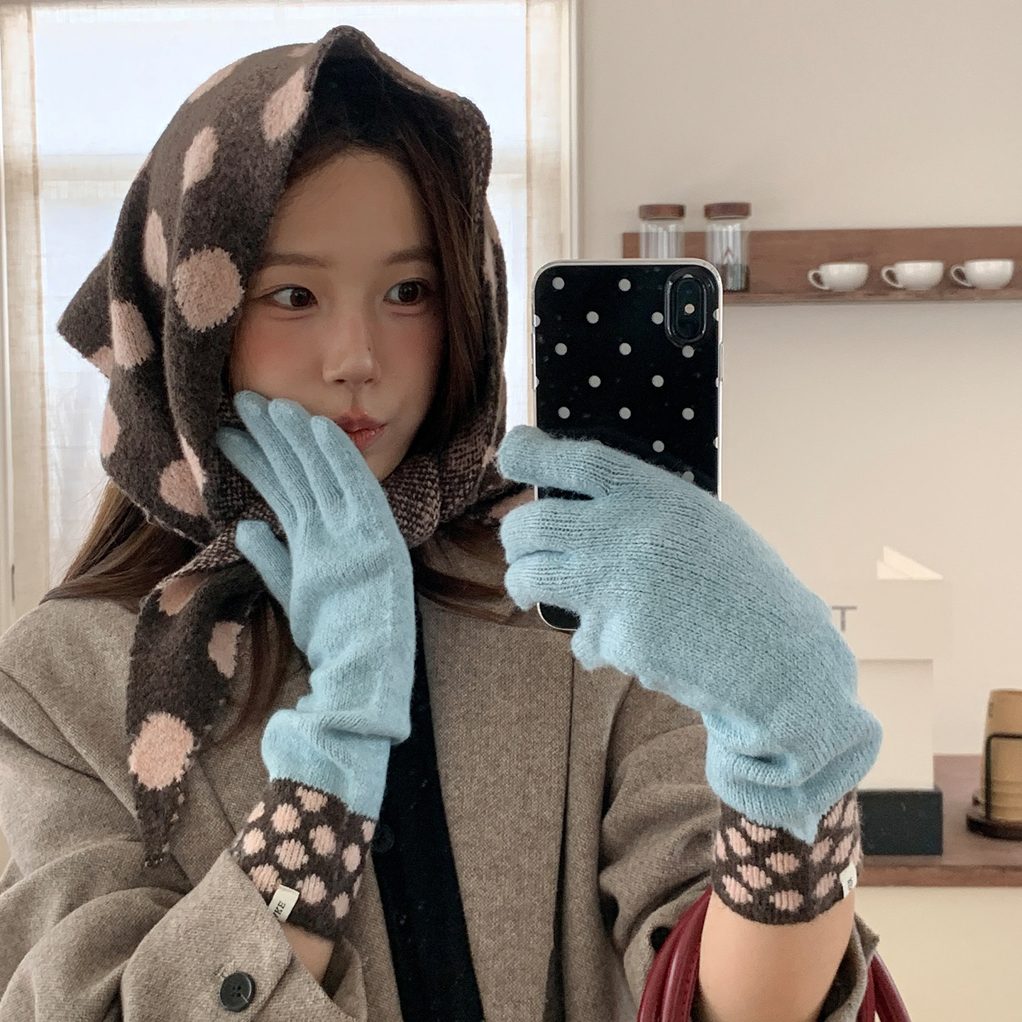 含羊毛 雾霾蓝色波点针织手套女冬季加厚防寒保暖骑行分指可触屏