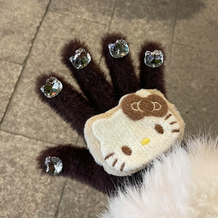 可爱咖色带钻Kitty猫针织手套女冬季毛绒保暖骑行加厚防寒可触屏