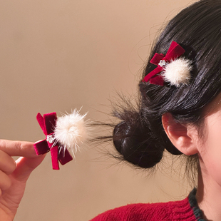 可爱红色蝴蝶结毛球发夹女碎发刘海夹侧边发卡秋冬圣诞节新年头饰