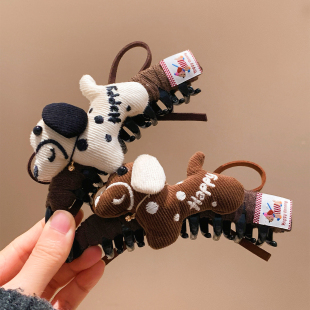 秋冬斑点小狗布艺香蕉扭扭夹女大号发夹可爱韩系后脑勺盘发竖夹