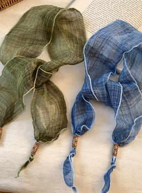 民族风复古绿色格子长条亚麻丝巾女系脖高级感气质薄配饰领巾新款