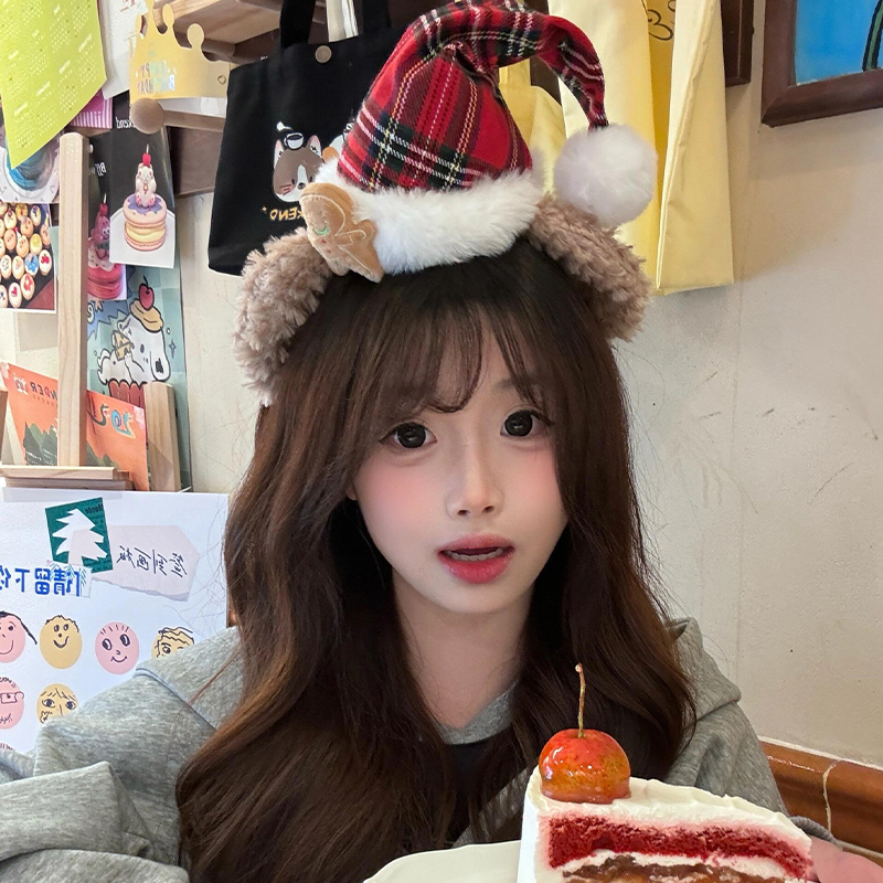 红色圣诞节小熊耳朵帽子毛绒发箍