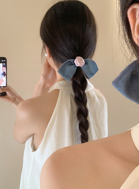 山花烂漫~蓝色蝴蝶结山茶花花朵发夹女后脑勺复古玫瑰花夹子头饰